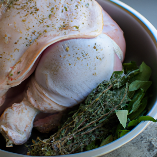 Fresh herbs, spices, and a plump turkey ready to be seasoned for the dutch oven cooking method.