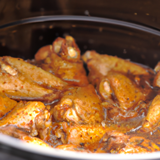 A Dutch oven filled with rendered fat and marinated wings ready for slow-cooking