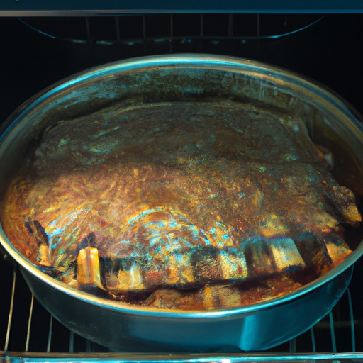 A Dutch oven filled with seasoned ribs cooking slowly in the oven.